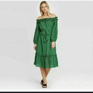 Who What Wear Green POLKA-DOT Ruffle Off the shoulder Dress Size Medium